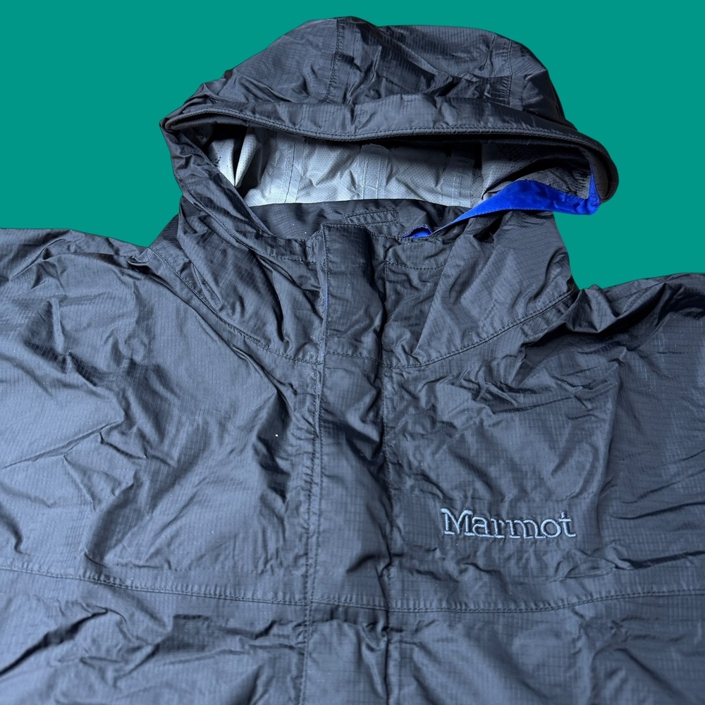 Marmot Nylon Jacket Large Black Lined Windbreaker Hood Distressed Outdoor - Picture 4 of 16